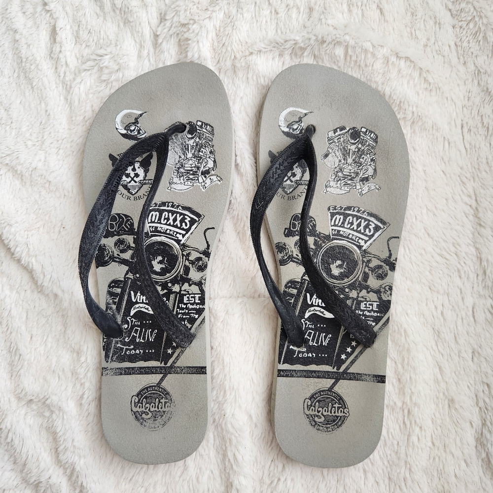 Flip Flops Men's Size 11, Blue Gray Printed, Lightweight, Easy